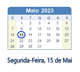 15 Maio 2023 calendario