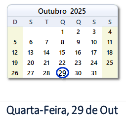 29 Outubro 2025 calendario