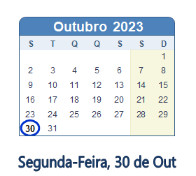 30 Outubro 2023 calendario