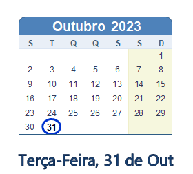 31 Outubro 2023 calendario